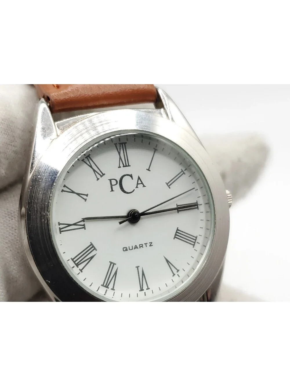 PCA Wristwatch Brown Leather Band Analog Quartz Wrist Watch New Battery 34mm